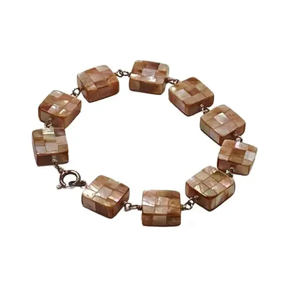 Vintage 925 Sterling Silver Mother of Pearl Mosaic Chunky Bracelet, 7 L
